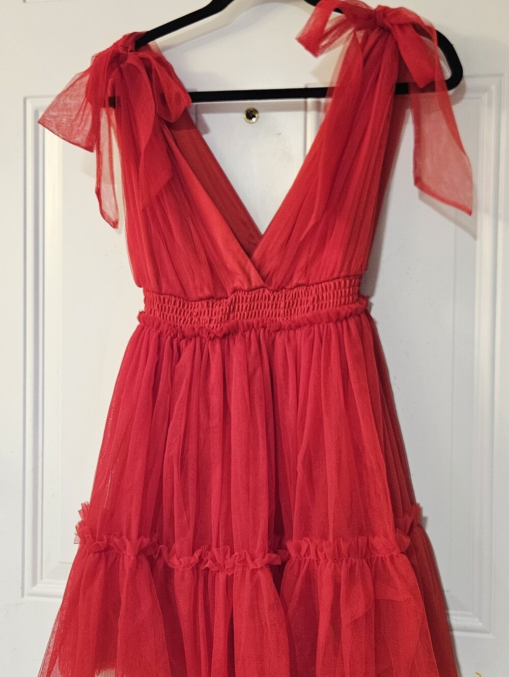 Vibrant Red Thirty Thirty Tulle mini dress features a plunging V-neckline